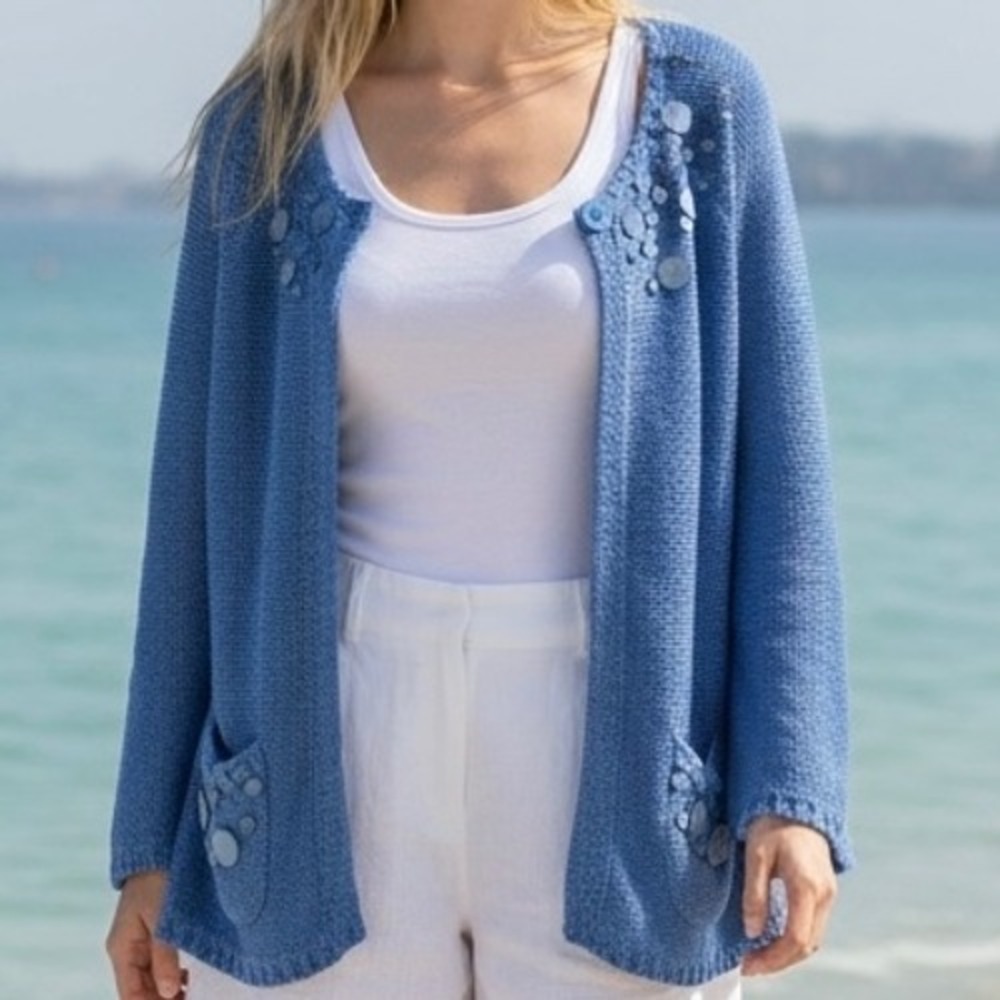 Coldwater Creek Blue Textured Knit Cardigan Shell Disc Accents Womens Large L
